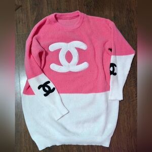 Chanel Pink Oversized Knit Logo Sweater CC Double C Patch Fits M - XL